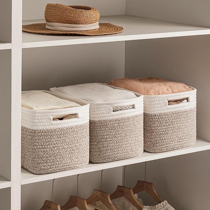 4 Pack Storage Baskets for Shelves, Baskets for Organizing, White&Light Brown