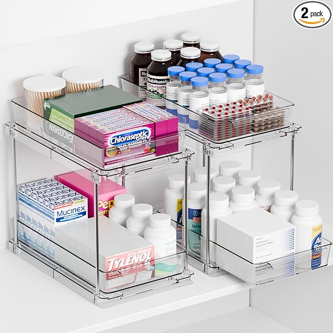 2 Pack 2 Tier Pull Out Drawers for Medicine Cabinet Organizer
