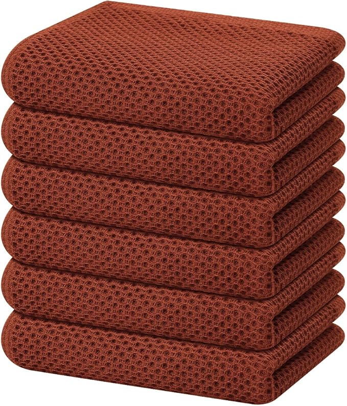 Homaxy 100% Cotton Waffle Weave Kitchen Dish Towels, Ultra Soft Absorbent Quick Drying Cleaning Towel, 13 x 28 Inches, 6-Pack, Rust
