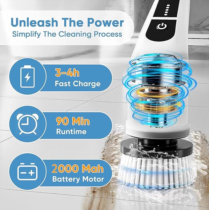 Electric Spin Scrubber, Cordless Cleaning Brush with 9 Replaceable Brush Heads, Tub and Floor Tile 360 Power Scrubber Dual Speed with Adjustable Detachable Handle for Bathroom Kitchen Car (9)