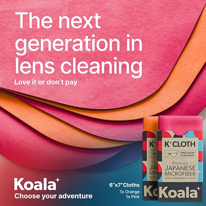 Koala Lens Cleaning Cloth | Japanese Microfiber | Glasses Cleaning Cloths | Eyeglass Lens Cleaner | Eyeglasses, Camera, VR/AR Headset, and Screen Cleaner | Pink & Orange (Pack of 2)