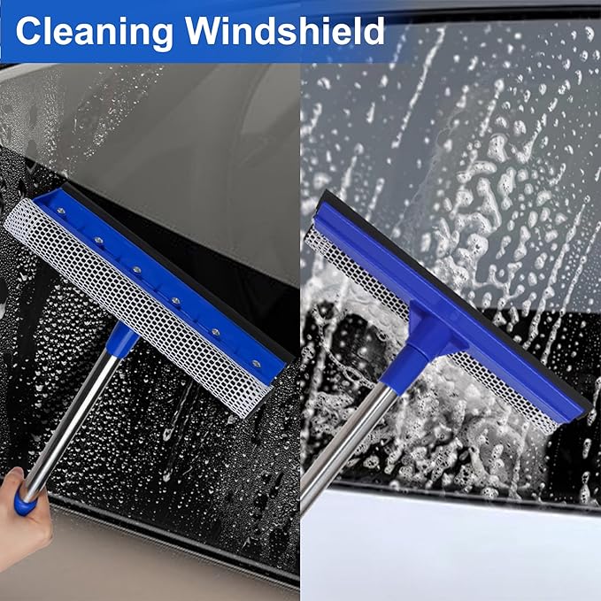 2-in-1 Car Windshield Squeegee and Sponge Scrubber for Cleaning and Washing, Rubber Blade Cleaner with Handle