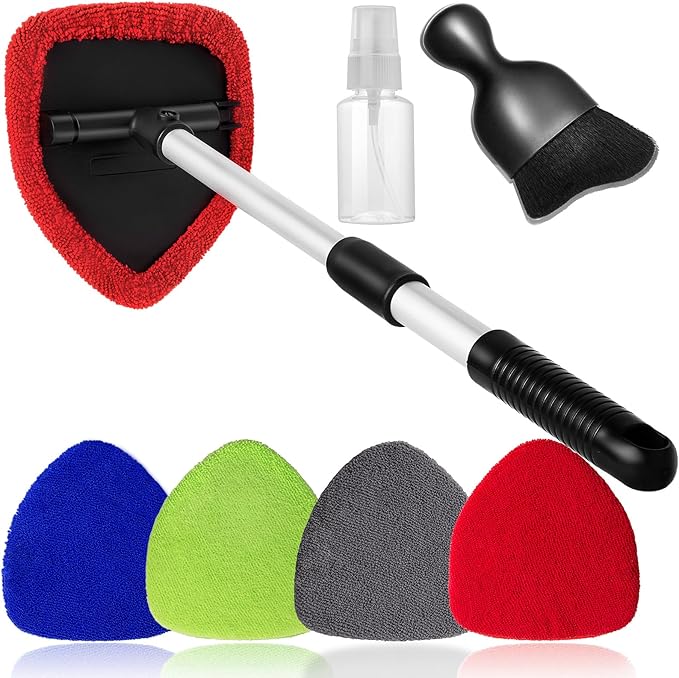 Qydipclin 7pc Windshield Cleaning Kit - 4 Microfiber Pads, Extendable Handle