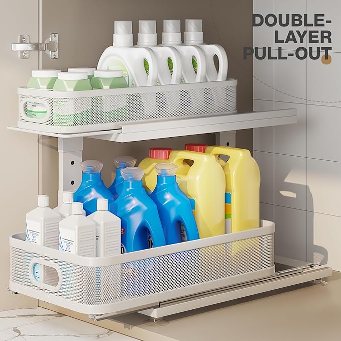 2 Pack 18.5IN-Depth Under Sink Organizer With Next-Gen Ball-Bearing Slides,2-Tier Precision Mesh Pull Out Cabinet Storage for Bathroom&Kitchen,Height Adjustable Drawers Shelf,Anti-rust-White