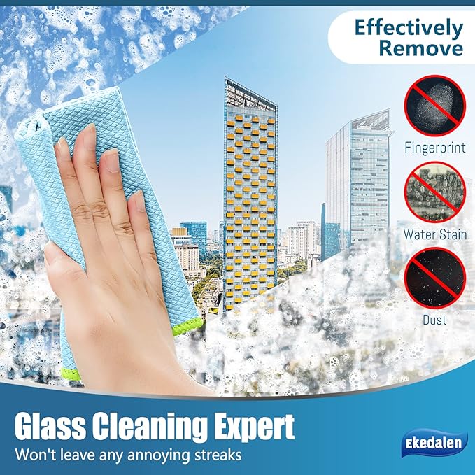 Microfiber Cleaning Cloth Lint Free Glass Cleaner Window Polishing Streak Free Miracle Easy Clean Rag Reusable for Mirror Kitchen Dish Auto Detailing,Pack of 8, 12'' x 16'', Blue and Grey