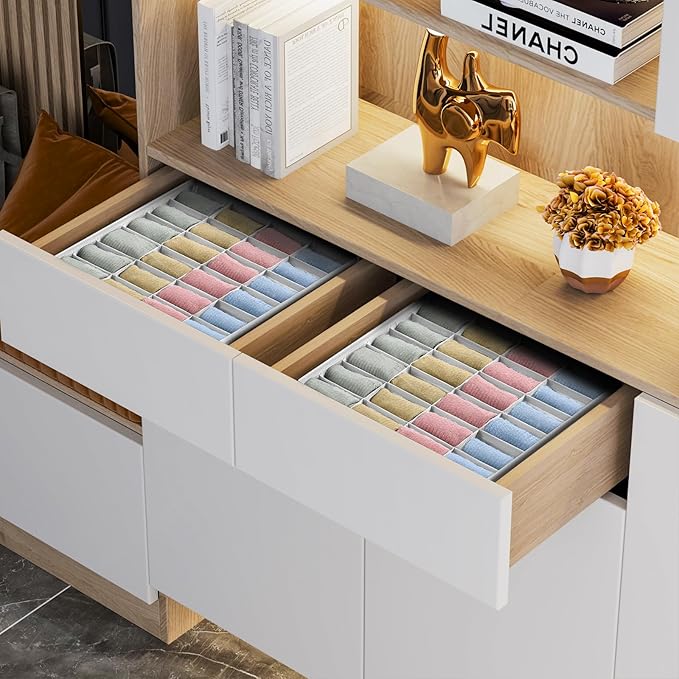 Joyoldelf Sock Organizer Drawer Organizer - 2 Packs Underwear Organizer, 48 Cells Collapsible Closet Organizers and Storage Sock Holders Organizers for Storing Socks, Ties, Belts(White)