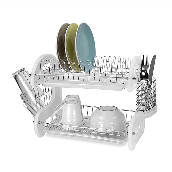 Home Basics Plastic 2-Tier Dish Drainer Rack, Air Drying and Organizing Dishes, Side Mounted Cutlery Holder, White