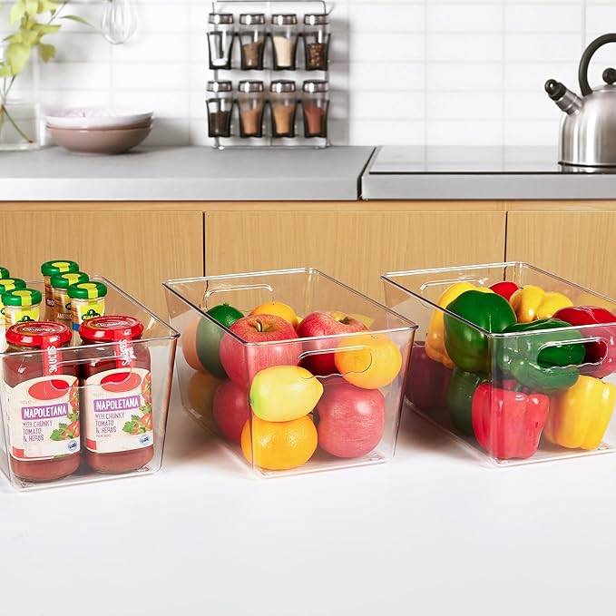 6 Pack Clear Pantry Organizer Bins, Plastic Containers with Handle for Kitchen