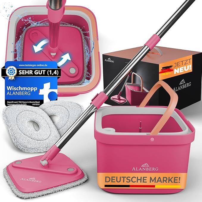 Spin Mop and Bucket Set with Wringer – Dual-Chamber Self Wringing Mop, Flat Microfiber Mop for Hardwood, Tile & Vinyl Floors, 2 Washable Replacement Heads, 63" Handle, Pink