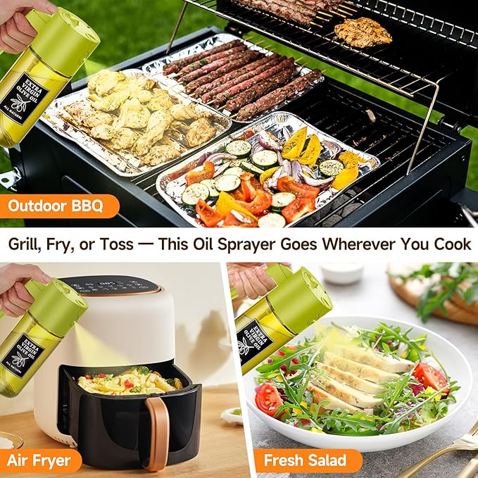 500ml Green Olive Oil Sprayer, Controlled Oil Glass Spray Bottle for Salad, Air Fryer Vegetables, Cooking, Refillable 2-in-1 Dispenser