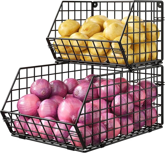 X-cosrack Stackable Wire Baskets for Counter, Fruit and Vegetable Storage, Potato and Onion Storage Bin，Kitchen Pantry Organizer - Wall Basket for Produce/Snack/Can, Large, Black