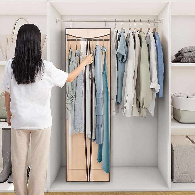 Garment Bags for Hanging Clothes Storage, Long Garment Cover with Zippered Clear Window for Closet Wardrobe Clothes Rack Organizer, Hanging Garment Bags for Dresses, Suits, 1 Pack, Beige