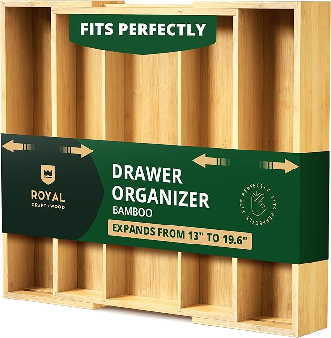 ROYAL CRAFT WOOD Luxury Bamboo Kitchen Drawer Organizer - Silverware Organizer - Utensil Holder and Cutlery Tray with Grooved Drawer Dividers for Flatware and Kitchen Utensils (5 Slot, Natural)