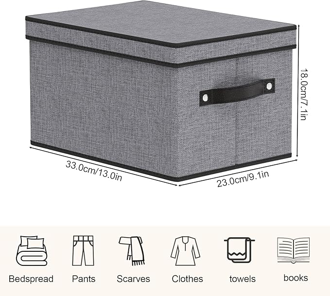 Storage Boxes, 7.1 x 9.1 x 13 Inch Closet Organizers for Shelves Bedroom Office with Handles, Storage Bins with Lids, Gray, 3-Pack