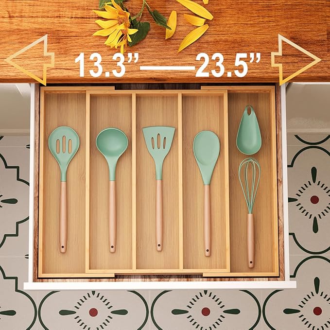 Expandable Kitchen Drawer Organizer, Bamboo Silverware Organizer