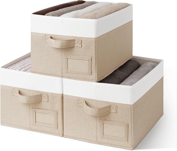 GRANNY SAYS Shelf Storage Baskets, Fabric Storage Bins for Clothes, Closet Storage Boxes with Handles, Collapsible Storage Containers for Bedroom and Living Room, Khaki&Ivory, Medium, 3-Pack