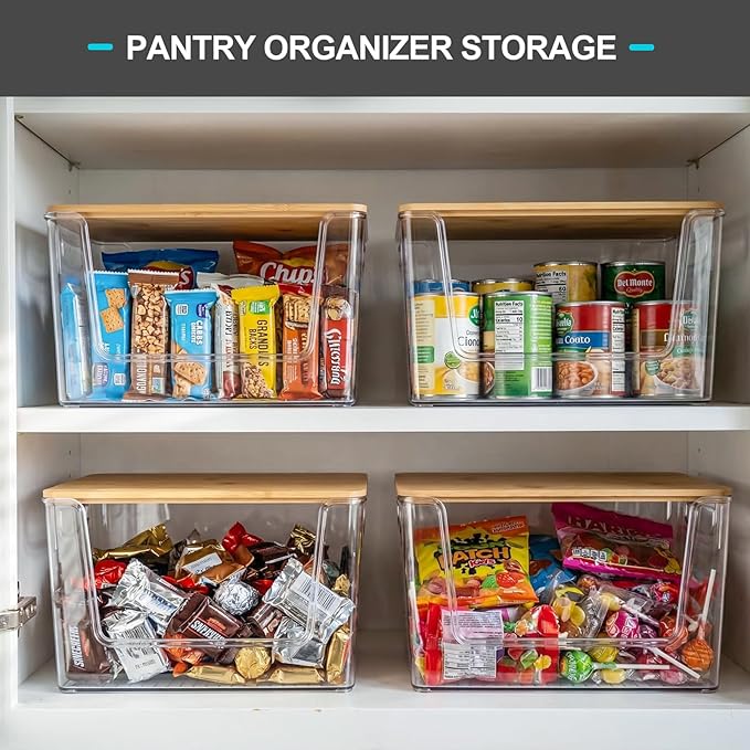 Pantry Organizers Storage, 2 Pack Large Capacity Clear Storage Bins with Bamboo Lids for Onion, Potato, Garlic, Canned Food