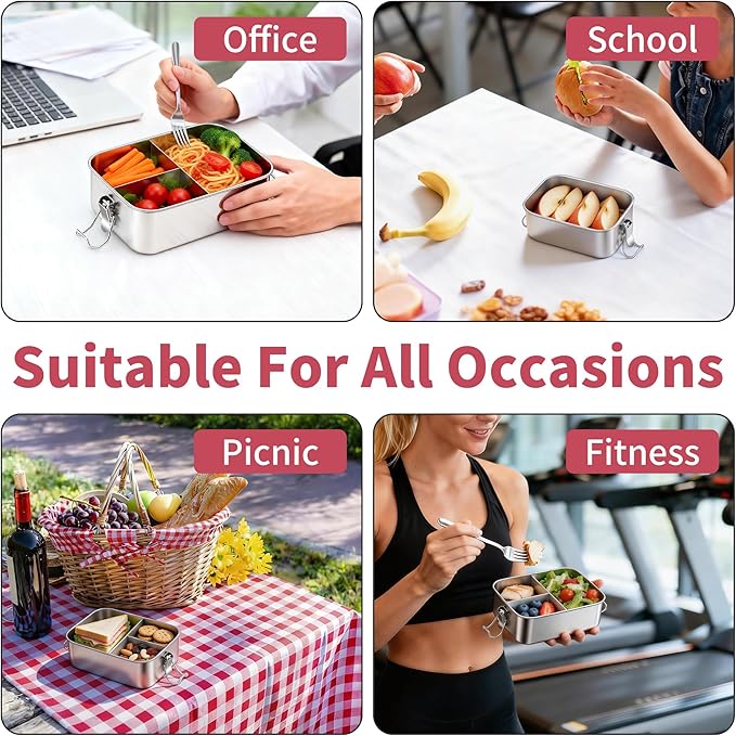 TeamFar Stainless Steel Bento Box, 3 Pack (18.6 & 28 & 47oz) Metal Lunch Box with 3 Compartments for Adults/Kids, Lunch Food Containers for School/Work/Meal Prep, Leak-Proof, 550ML+850ML+1400ML