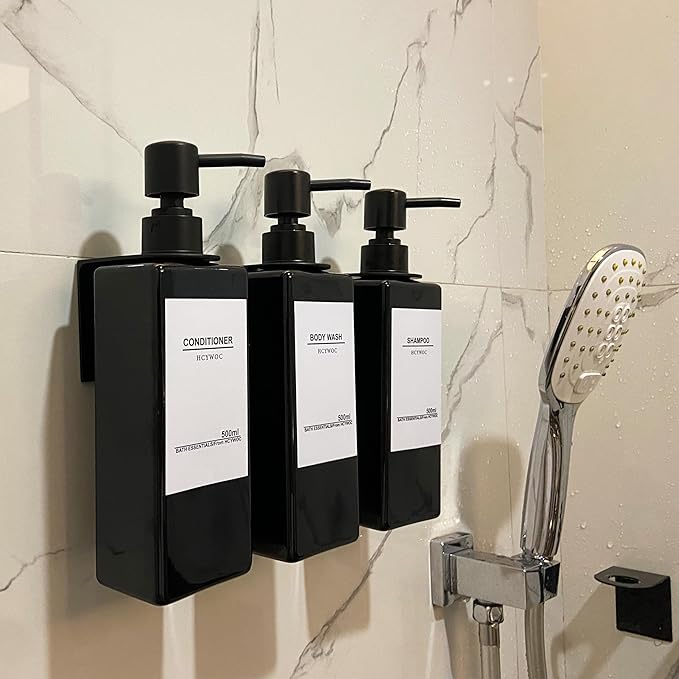 Shampoo Dispenser for Shower Wall, Shampoo and Conditioner Dispenser with 16 Waterproof Labels, No Drill Shower Soap Dispenser Bathroom, Shower Soap Dispenser Wall Mounted 3 Chamber, 17oz,Black