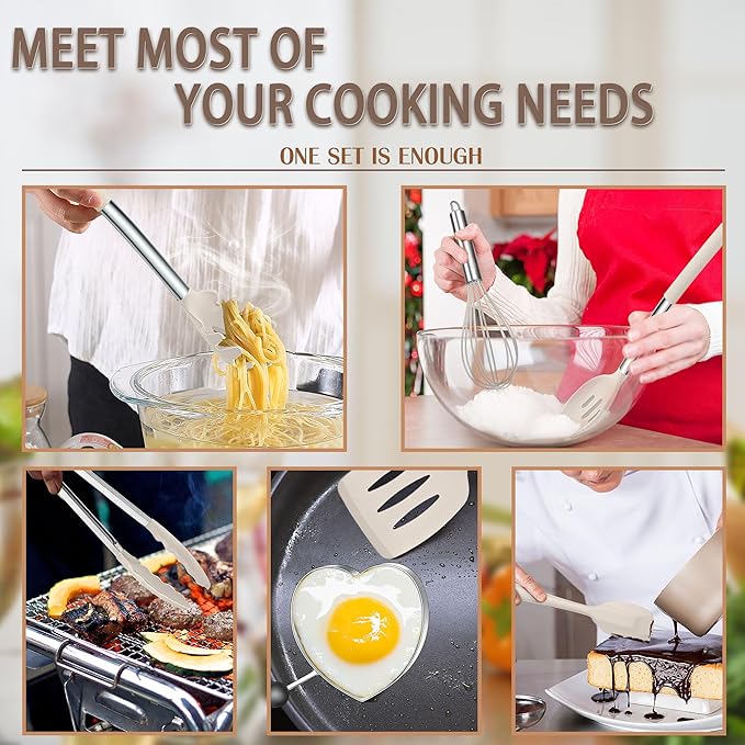E-far Silicone Cooking Utensils Set, 14-Piece Khaki Kitchen Utensils Set with Holder, Kitchen Tools Spatulas with Stainless Steel Handle for Non-stick Cookware, Heat Resistant & Dishwasher safe