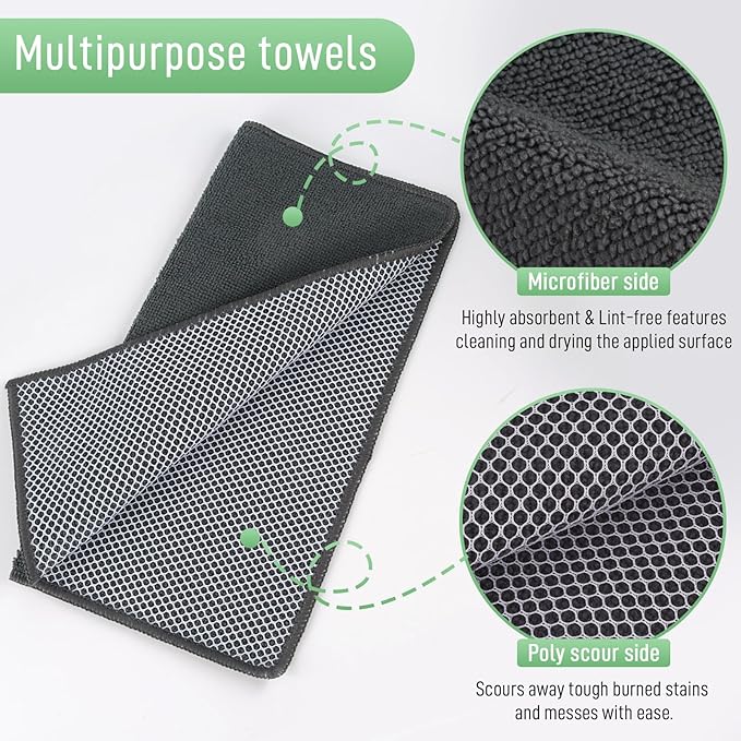 SINLAND Microfiber Dish Cloth Kitchen Washcloth Best Kitchen Cloths Cleaning Cloths Poly Scour Side 12"x12" 20Pack Dark Grey