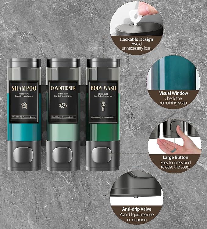 Luxspire Shampoo and Conditioner Dispenser, No Drill Wall Mounted Shower Soap Dispenser 3 Chamber with Waterproof Labels, Easy Refill Soap Dispenser for Bathroom Hotel Kitchen, Gray