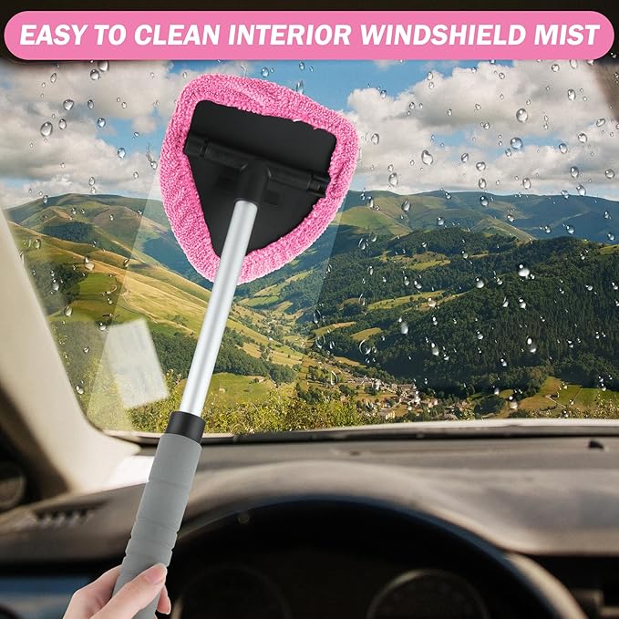 8 Pcs Car Window Cleaner Kit Triangle Shape Include Windshield Cleaning Tool with Extendable Handle 5 Microfiber Bonnets 1 Car Ventilation Brush 1 Empty 50ml Spray Bottle Glass Wiper Kits, Pink