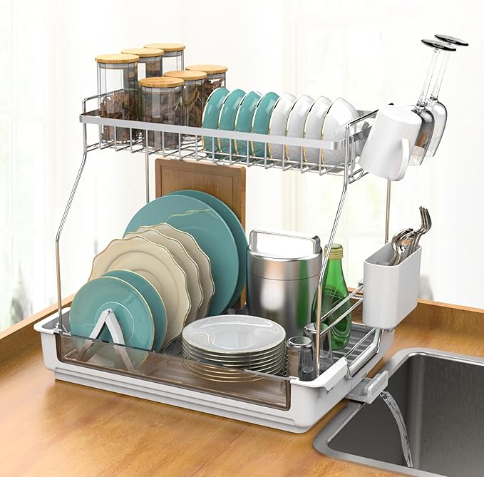 Rustproof Dish Drying Rack, 2 Tier Large Dish Rack,17.13"(L) x 13.2"(W) x 15.35"(H), Detachable Dish Drainer Organizer with Utensil Holder, Drainboard,White
