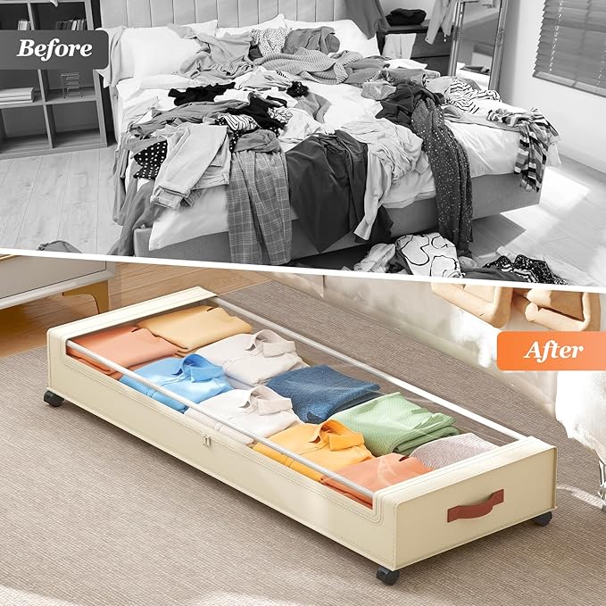 Under Bed Storage with Wheels 2 Pack, Beige