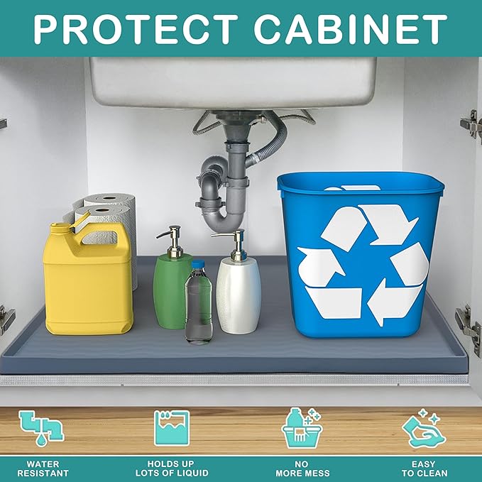 URMONA Waterproof Silicone Under Sink Mat 22'' x 14'' Shelf Liner for Kitchen and Bathroom, Cabinet and Counter Protector, Storage and Organizers, Litter Mat, Pet Cat Puppy Essentials(Green)