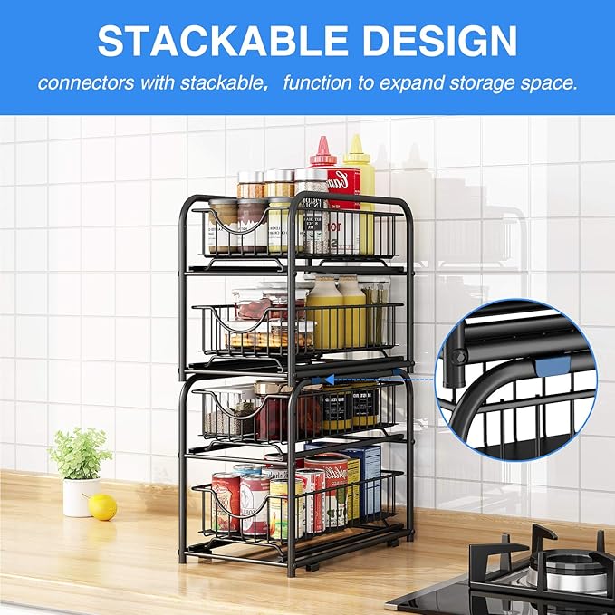 AIYAKA Pull-out Cabinet Organizer, Stackable 2-tier Under Sink Rack, with Sliding Storage Drawer for Pantry, and Desktop, for Bathroom, Kitchen, Office, Black