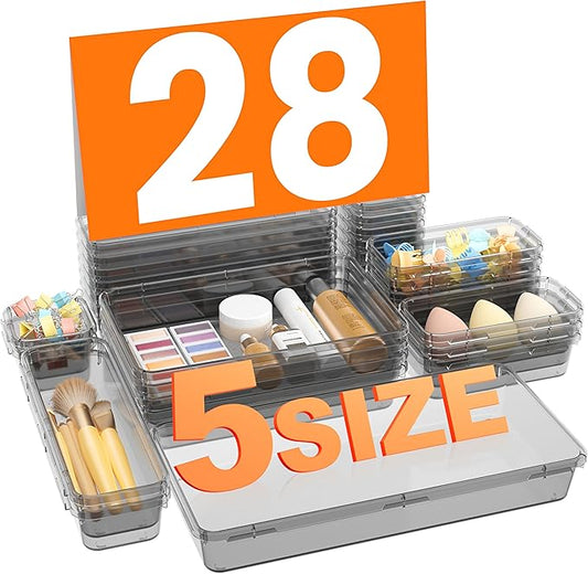 【Military Grade】A-LuGei Drawer Organizer,【𝟱𝗦𝗶𝘇𝗲】Makeup organizer,【Holds 177 Items】Bathroom Organizers and Storage,Organization and Storage,Desk Drawer Organizer for Vanity【Clear Black】