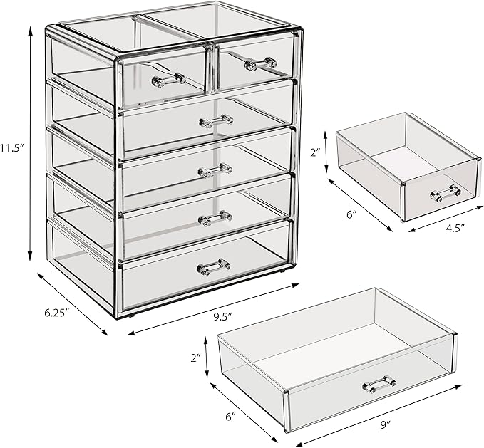 Sorbus Acrylic Makeup Organizer Set, 6-Drawer Vanity & Countertop Cosmetic Storage with Small & Wide Drawers, Black Jewel Makeup Storage for Brushes