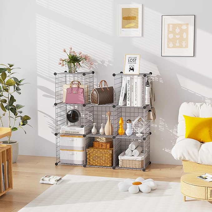 C&AHOME Wire Cube Storage, 8 - Cube Organizer Metal C Grids, Modular Shelves Units, Closet Organizer, Ideal for Home, Office, Living Room, 24.8" L x 12.4" W x 48.4" H, Silver Gray UWCS3008G