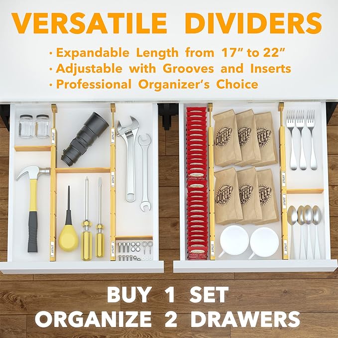 SpaceAid Bamboo Drawer Dividers with Inserts and Labels, Kitchen Adjustable Drawer Organizers, Expandable Organization for Home, Office, Dressers, 4 Dividers with 9 Inserts (17"-22" Natural)