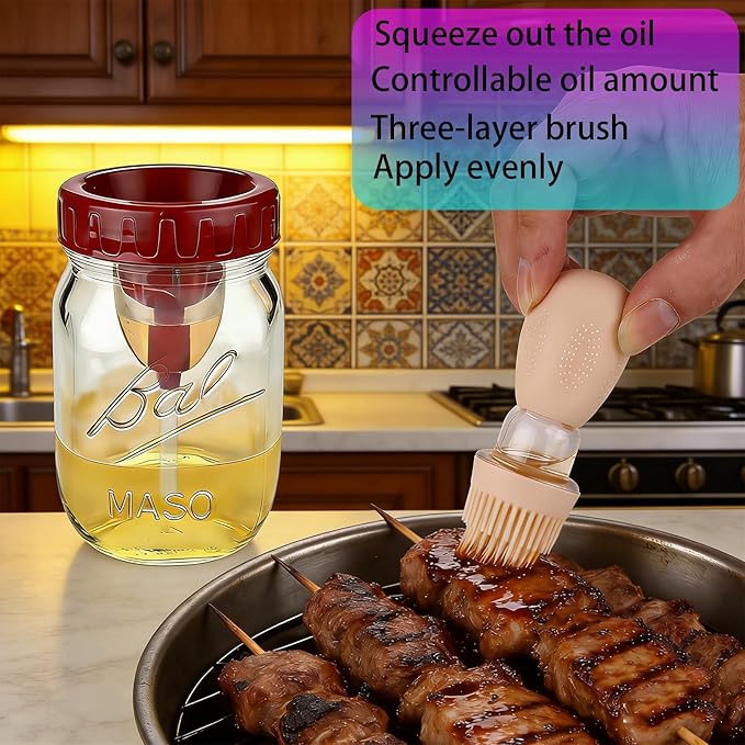 Oil Sprayer for Mason Jars 70mm, Oil Brush Dispenser for Salads, Grilling, Frying，3 IN 1 Oil Dispenser Bottle with Silicone Basting with Separate old oil(Glass Jars Not Included) (4, Wine Red, 70MM)