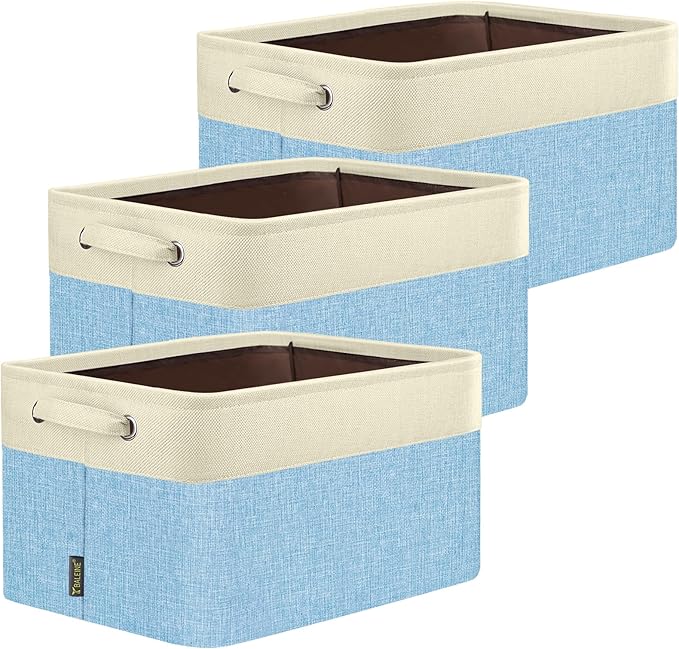 3 Pack Fabric Closet Storage Bins for Shelves, Skyblue, 12"x8"x8"
