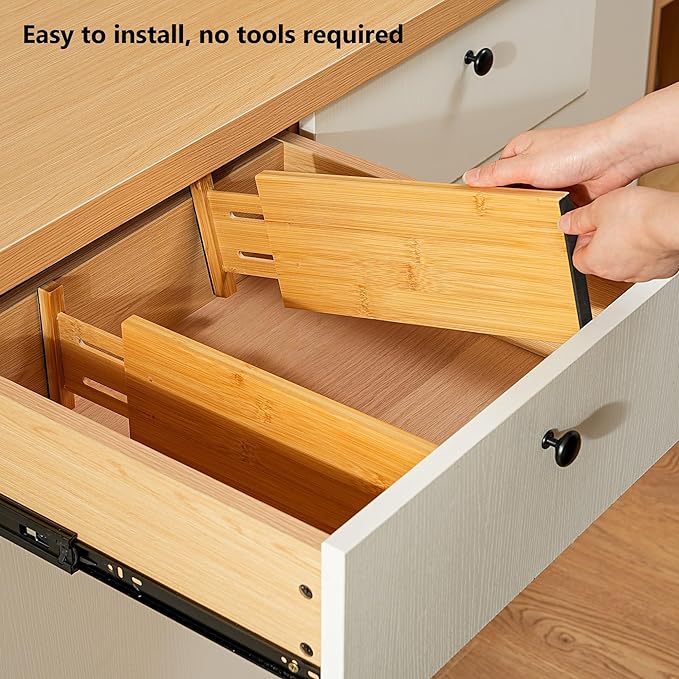 Fabsome Dresser Drawer Organizers 6 Pack, 4.65'' High Adjustable from 17-22‘’ Bamboo Drawer Dividers for Clothing Baby Clothes