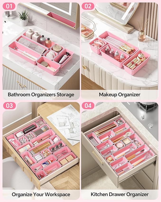 13 Pack Plastic Drawer Organizers Set, Pink
