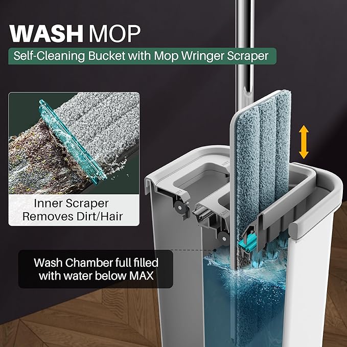 JOYMOOP Mop and Bucket with Wringer Set, Hands Free Flat Floor Mop and Bucket, 60" Mop with 4 Reusable Microfiber Pads, Wet and Dry Use, Floor Cleaning System