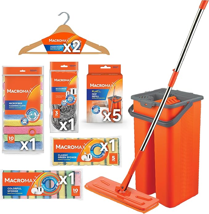 Macrofresh MacroMax 12-Pc Flat Mop and Bucket System: Dual-Chamber Mop for Wet & Dry Use, 5 Microfiber Pads, 10-Pack Freshness Cloths, 15 Sponges, Scourers and Hangers