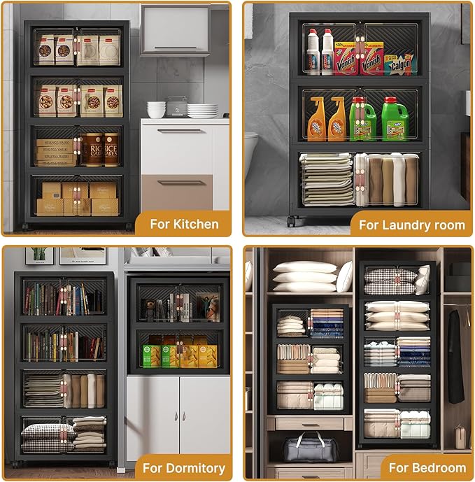UAMFURI Extra Large Stackable Storage Bins with Lids & Wheels, 165QT-55QT/14GAL*3Pack Foldable Collapsible Closet Organizers Dark Storage Cabinet with Doors for Bedroom Dorm