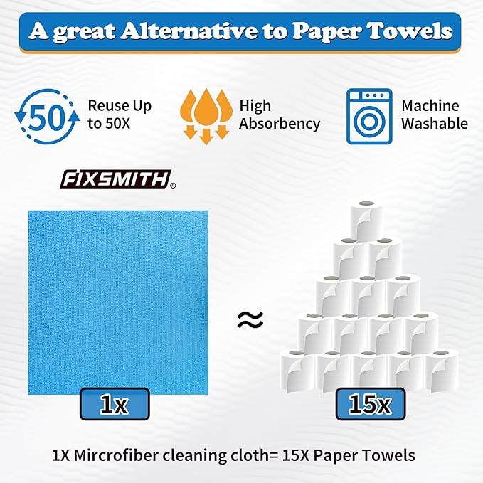 FIXSMITH Microfiber Cleaning Cloth, Pack of 12, Shop Towels Bulk, Microfiber Towels for Cars, Lint Free, Scratch-Free Cleaning Cloths, Cleaning Rags for Housekeeping, 11.5 x 11.5 inch