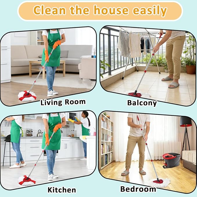 Spin Mop Head Replacement for Ocedar, 3 Microfiber Mop Head, 1 Base, 1 Mop Handle (30-58in) Combo Mops Set Compatible with O-Cedar EasyWring Microfiber Spin Mop (1 Tank System)