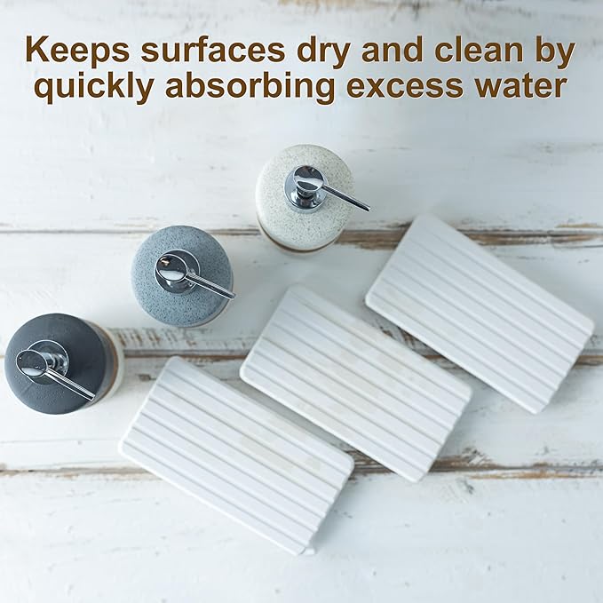 Ceramic Soap Dispenser Set(2 Pack) – Hand Soap, Dish Soap, Shampoo & Shower Soap Dispenser for Bathroom & Kitchen, Stainless Steel Pump, Includes Silicone Funnel & Diatomaceous Tray, Gray
