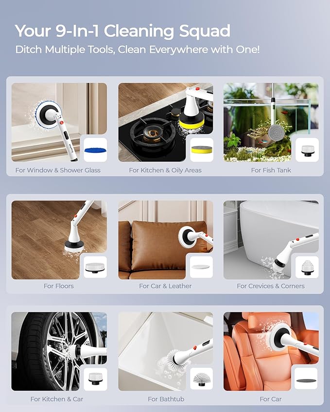 MayKing Electric Spin Scrubber with 9 Brush Heads, 3-Angle & 4-Length Adjustable Cordless Power Scrubber, 3-Speed & Battery LED Display, Electric Scrubber for Cleaning Bathroom Bathtub Floor Tiles