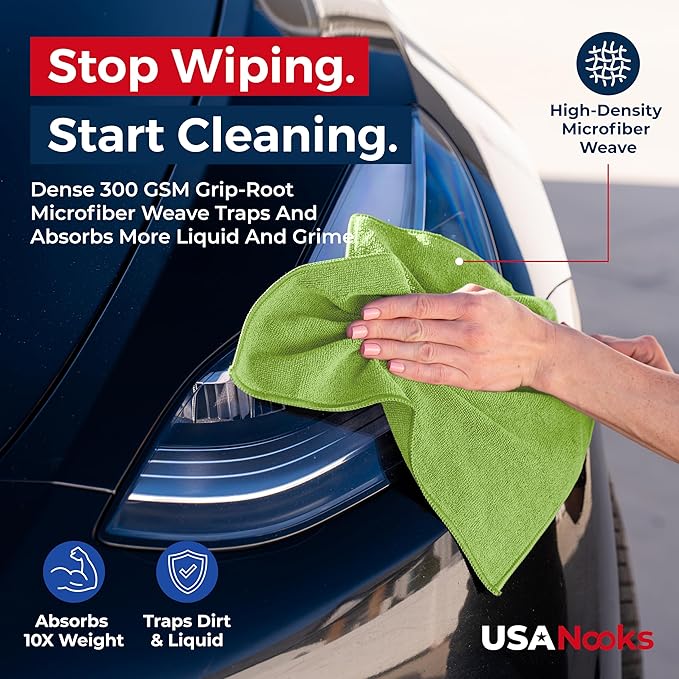 USANOOKS Microfiber Cleaning Cloth Light Green - 12 Pcs 12.5"x12.5" - High Performance - 1200 Washes