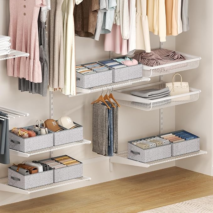 Large Closet Shelf Organizer Bins 6 Packs with Handles and Divider