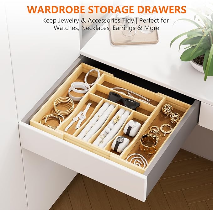 Bamboo Expandable Drawer Organizer Tray with Dividers, Adjustable Kitchen Flatware Organizers for Utensils & Silverware, 6-8 Slots Curved Groove Storage (Natural)