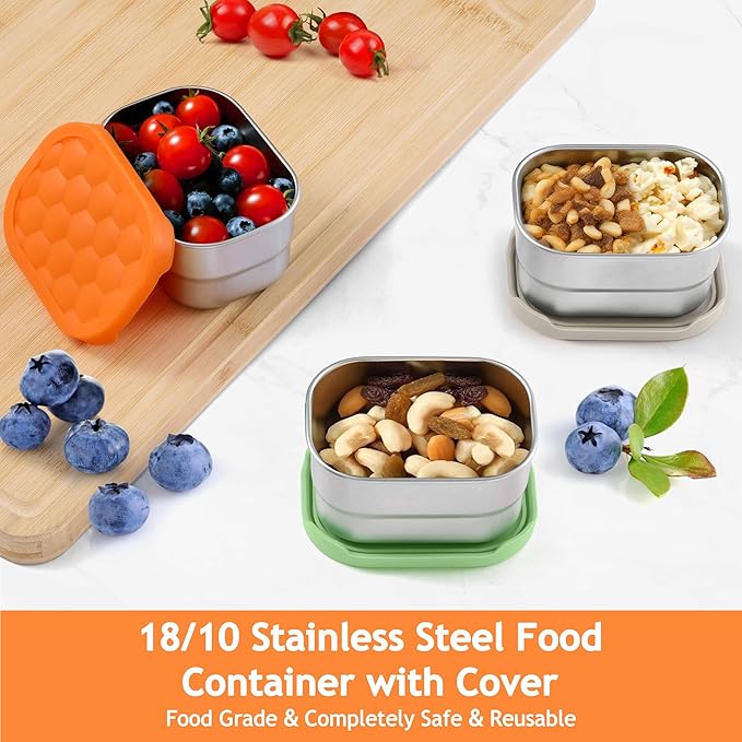 Homikit 3 Pack Snack Containers for Kids, 18/10 Stainless Steel Toddler Lunch Box with Silicone Lids